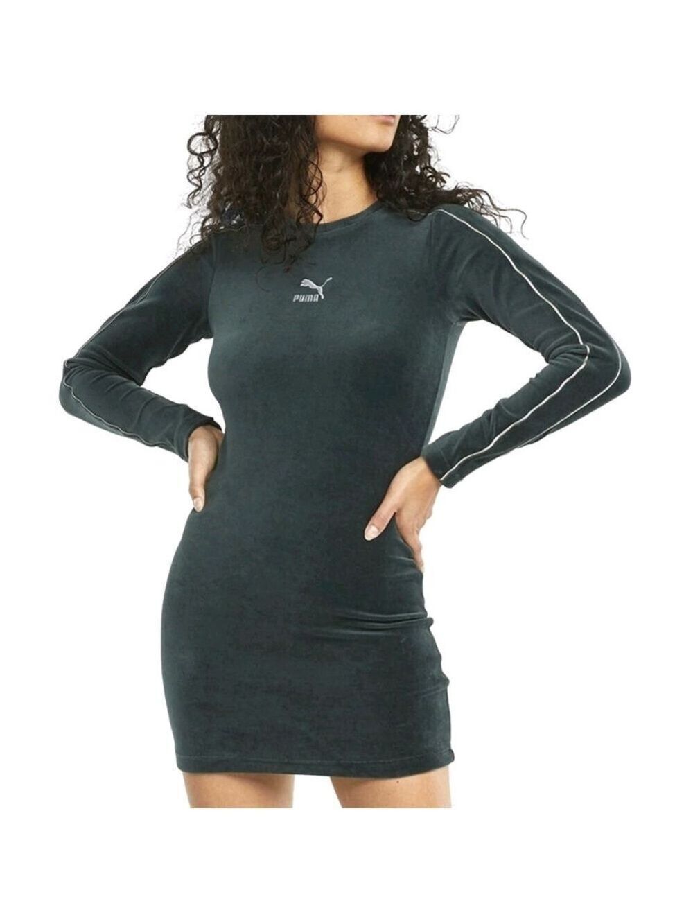 PUMA Iconic T7 Fitted Long Sleeve T-Shirt Dress Womens Green Casual